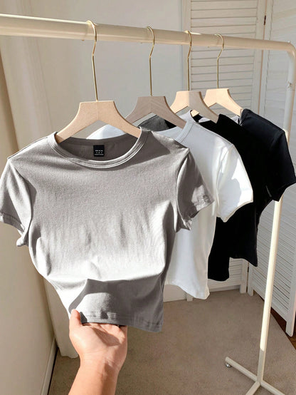 Tall CURVE Plus Size 4-Pieces Set Solid Color Cropped Round Neck Short Sleeve Fitted Women T-Shirt Top, Suitable For Summer Valentine's Day