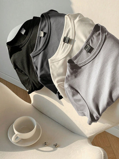 Tall CURVE Plus Size 4-Pieces Set Solid Color Cropped Round Neck Short Sleeve Fitted Women T-Shirt Top, Suitable For Summer Valentine's Day