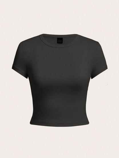 Tall CURVE Plus Size 4-Pieces Set Solid Color Cropped Round Neck Short Sleeve Fitted Women T-Shirt Top, Suitable For Summer Valentine's Day