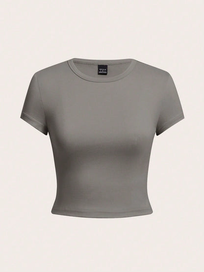 Tall CURVE Plus Size 4-Pieces Set Solid Color Cropped Round Neck Short Sleeve Fitted Women T-Shirt Top, Suitable For Summer Valentine's Day
