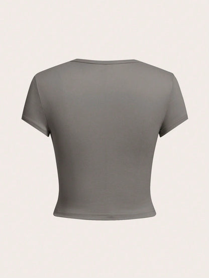 Tall CURVE Plus Size 4-Pieces Set Solid Color Cropped Round Neck Short Sleeve Fitted Women T-Shirt Top, Suitable For Summer Valentine's Day