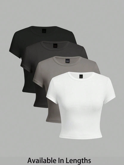 Tall CURVE Plus Size 4-Pieces Set Solid Color Cropped Round Neck Short Sleeve Fitted Women T-Shirt Top, Suitable For Summer Valentine's Day