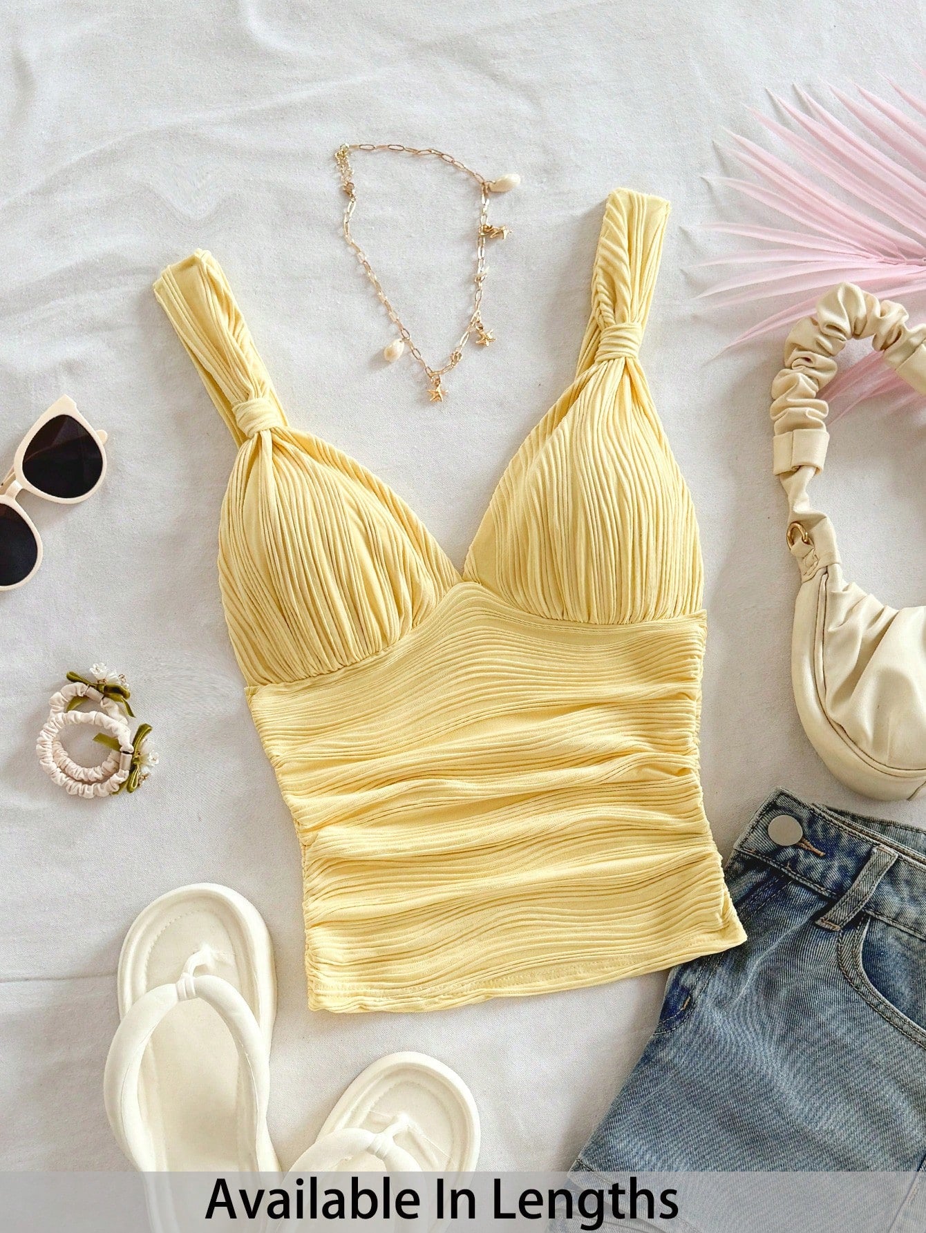 Tall CURVE Plus Size Summer Casual Sexy Solid Color Textured Ruched Cami Top Vacation Yellow