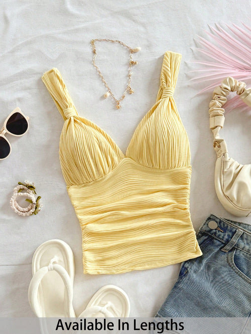 Tall CURVE Plus Size Summer Casual Sexy Solid Color Textured Ruched Cami Top Vacation Yellow