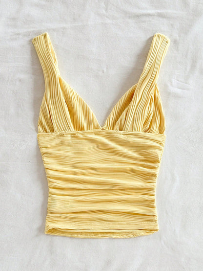 Tall CURVE Plus Size Summer Casual Sexy Solid Color Textured Ruched Cami Top Vacation Yellow