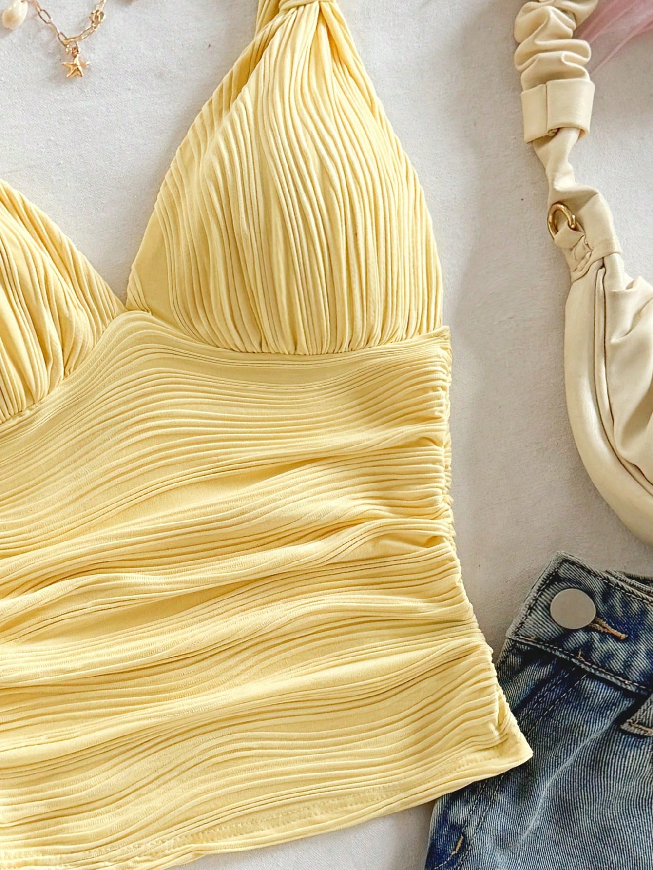 Tall CURVE Plus Size Summer Casual Sexy Solid Color Textured Ruched Cami Top Vacation Yellow
