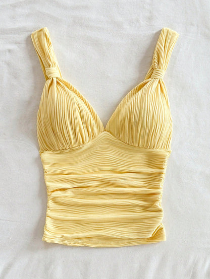 Tall CURVE Plus Size Summer Casual Sexy Solid Color Textured Ruched Cami Top Vacation Yellow