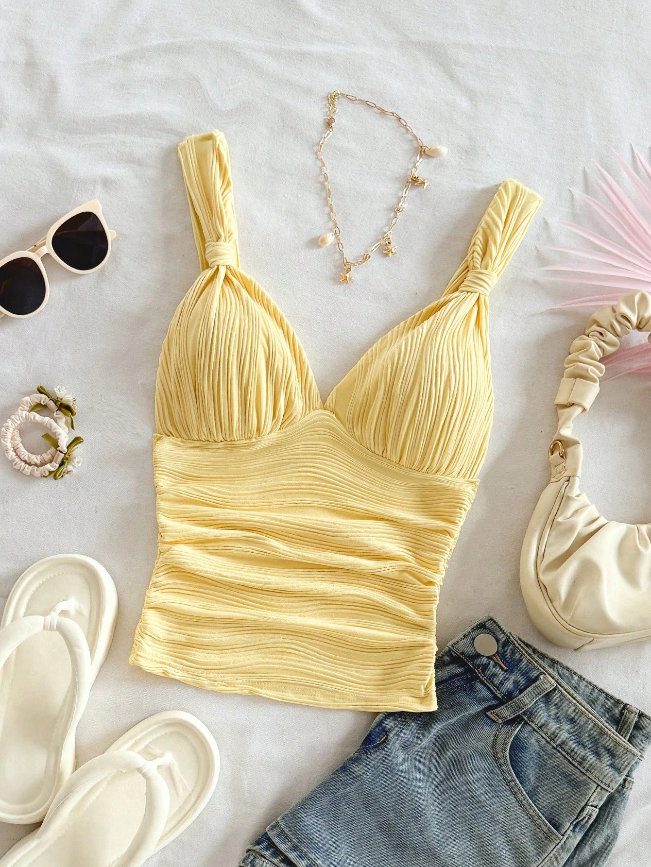 Tall CURVE Plus Size Summer Casual Sexy Solid Color Textured Ruched Cami Top Vacation Yellow