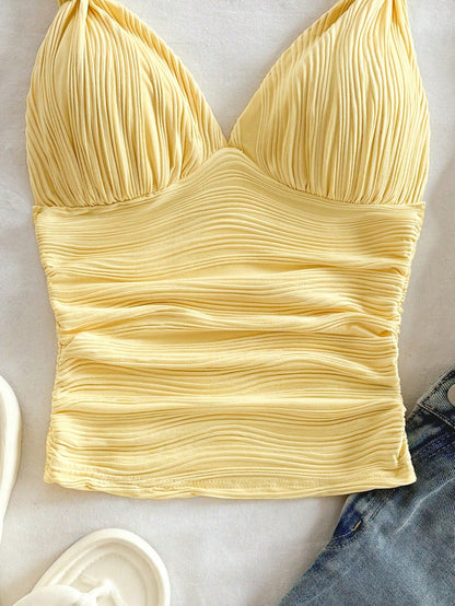 Tall CURVE Plus Size Summer Casual Sexy Solid Color Textured Ruched Cami Top Vacation Yellow