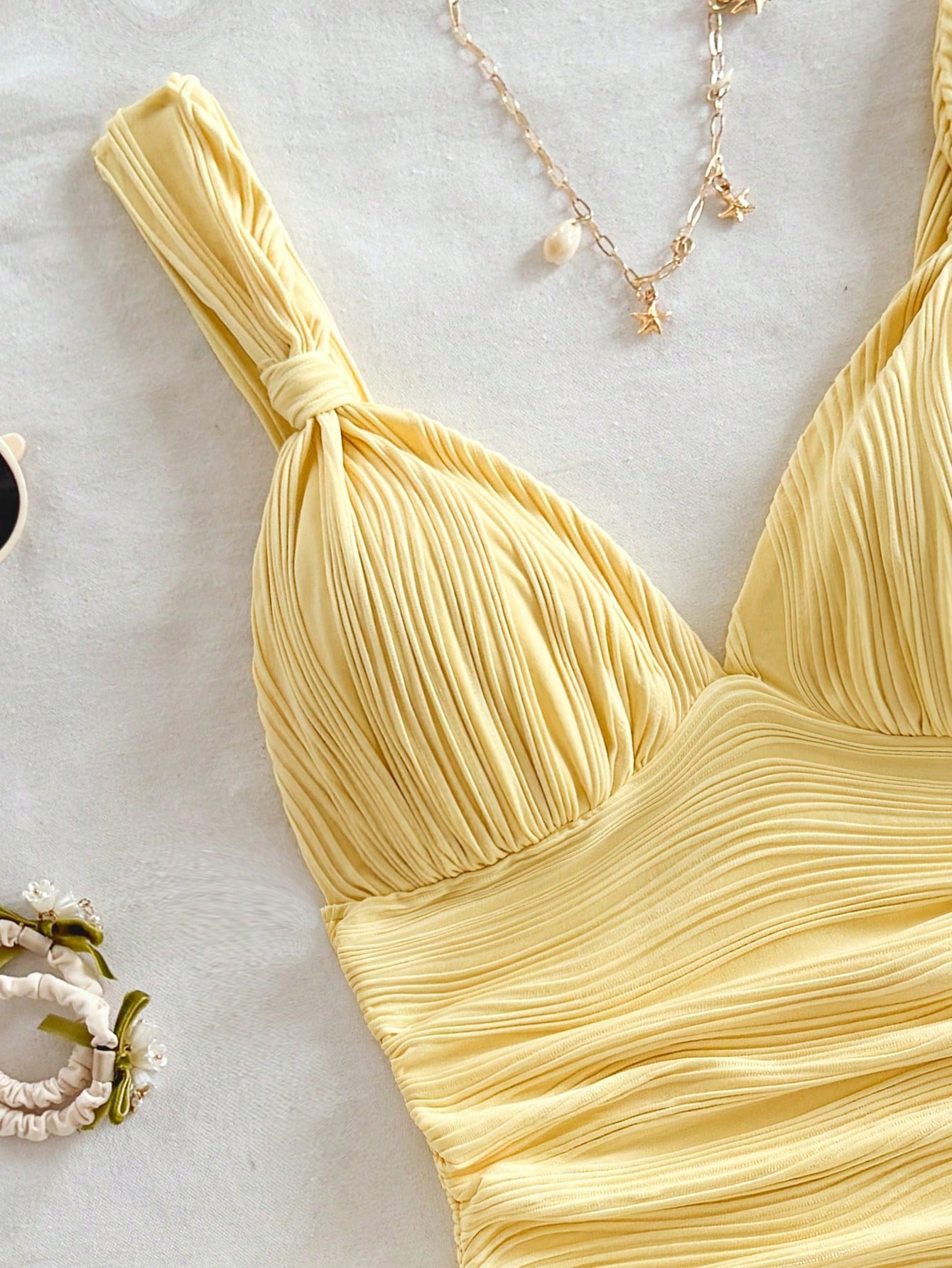 Tall CURVE Plus Size Summer Casual Sexy Solid Color Textured Ruched Cami Top Vacation Yellow