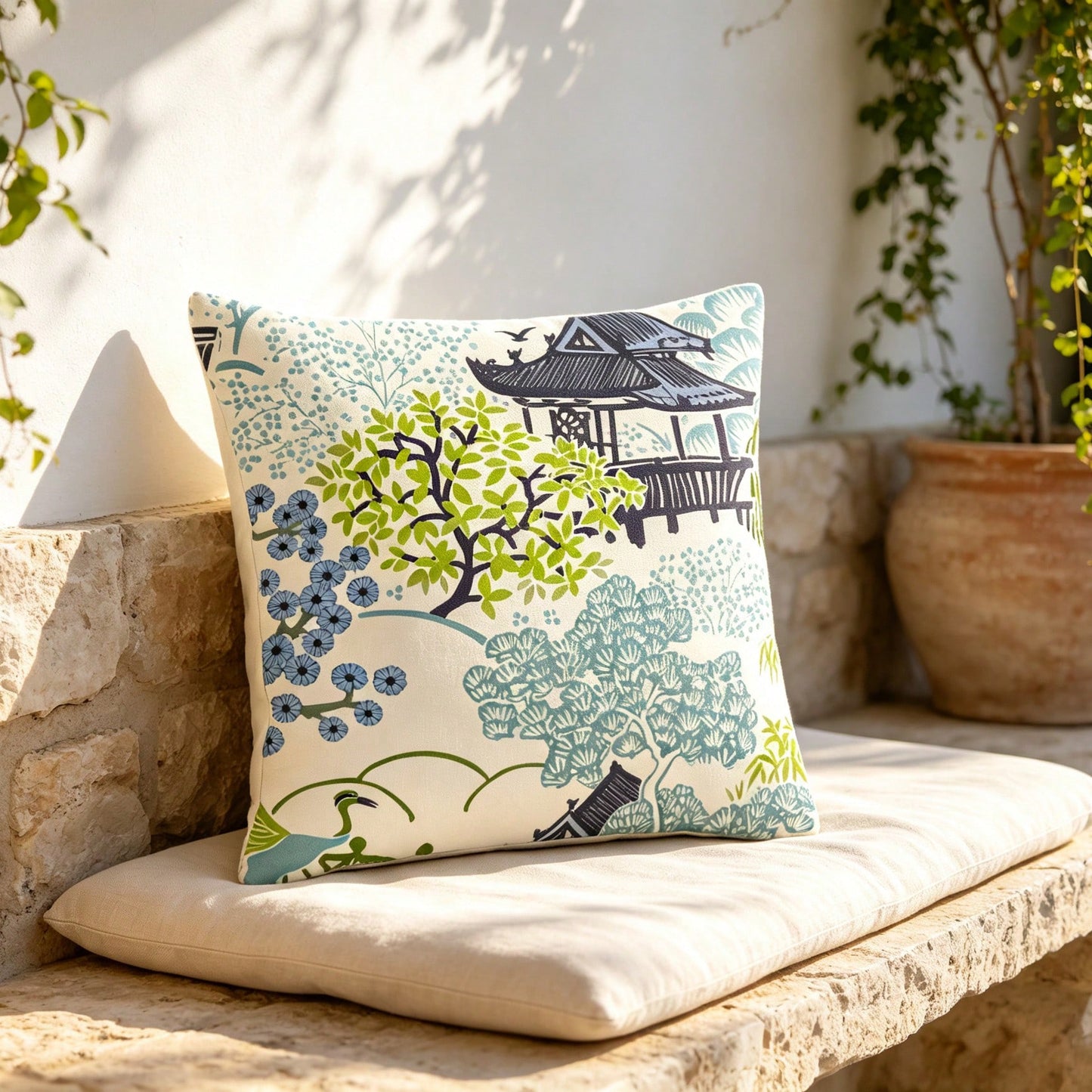Tea House Designer Throw Pillow Cover| Chinoiserie Style Accent Pillow| Asian Print Throw Pillow Cover