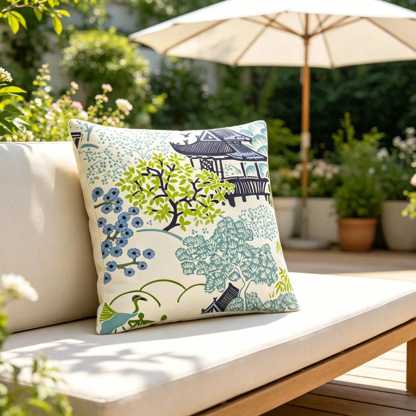 Tea House Designer Throw Pillow Cover| Chinoiserie Style Accent Pillow| Asian Print Throw Pillow Cover