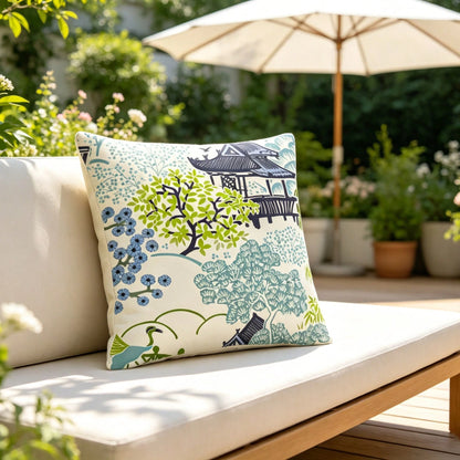 Tea House Designer Throw Pillow Cover| Chinoiserie Style Accent Pillow| Asian Print Throw Pillow Cover