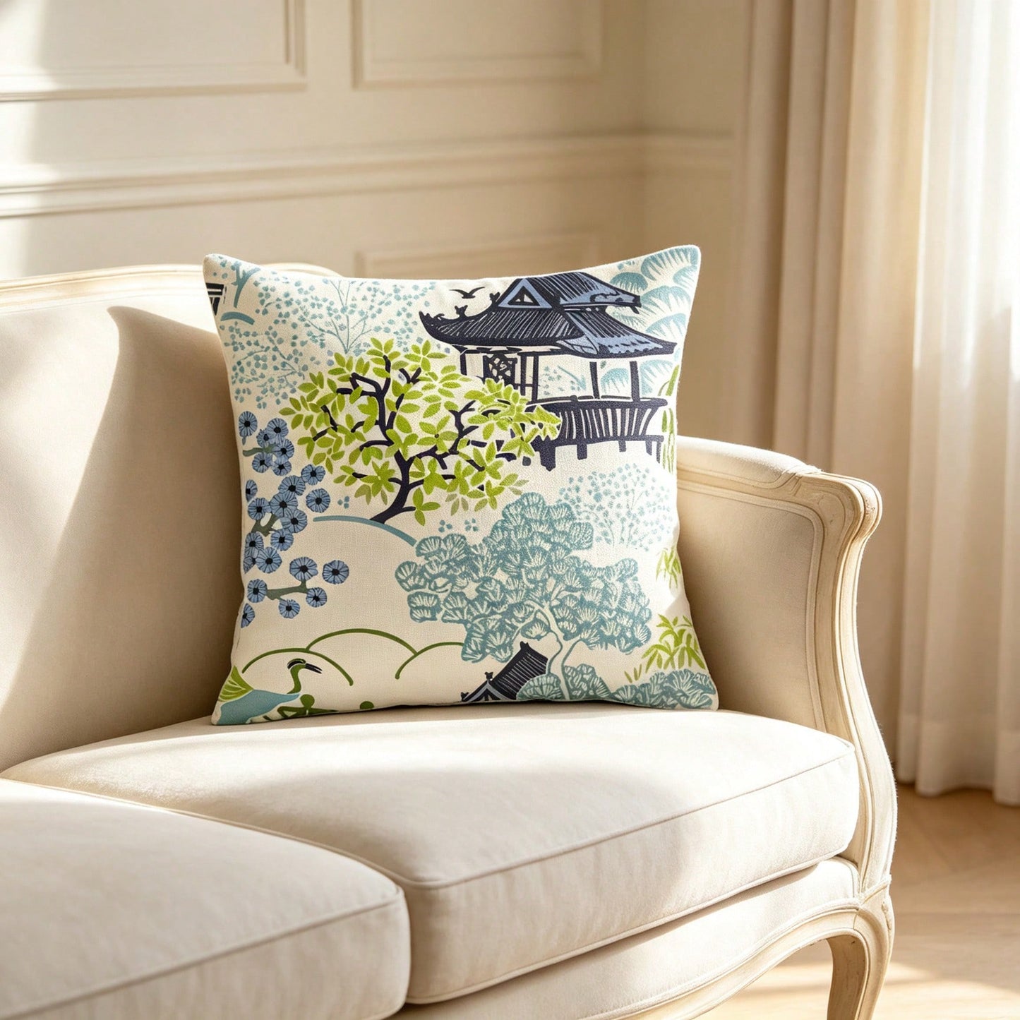 Tea House Designer Throw Pillow Cover| Chinoiserie Style Accent Pillow| Asian Print Throw Pillow Cover