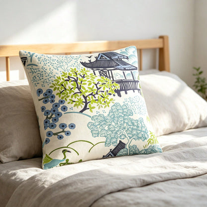 Tea House Designer Throw Pillow Cover| Chinoiserie Style Accent Pillow| Asian Print Throw Pillow Cover