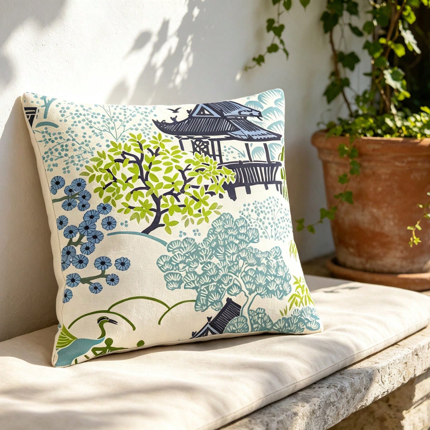 Tea House Designer Throw Pillow Cover| Chinoiserie Style Accent Pillow| Asian Print Throw Pillow Cover