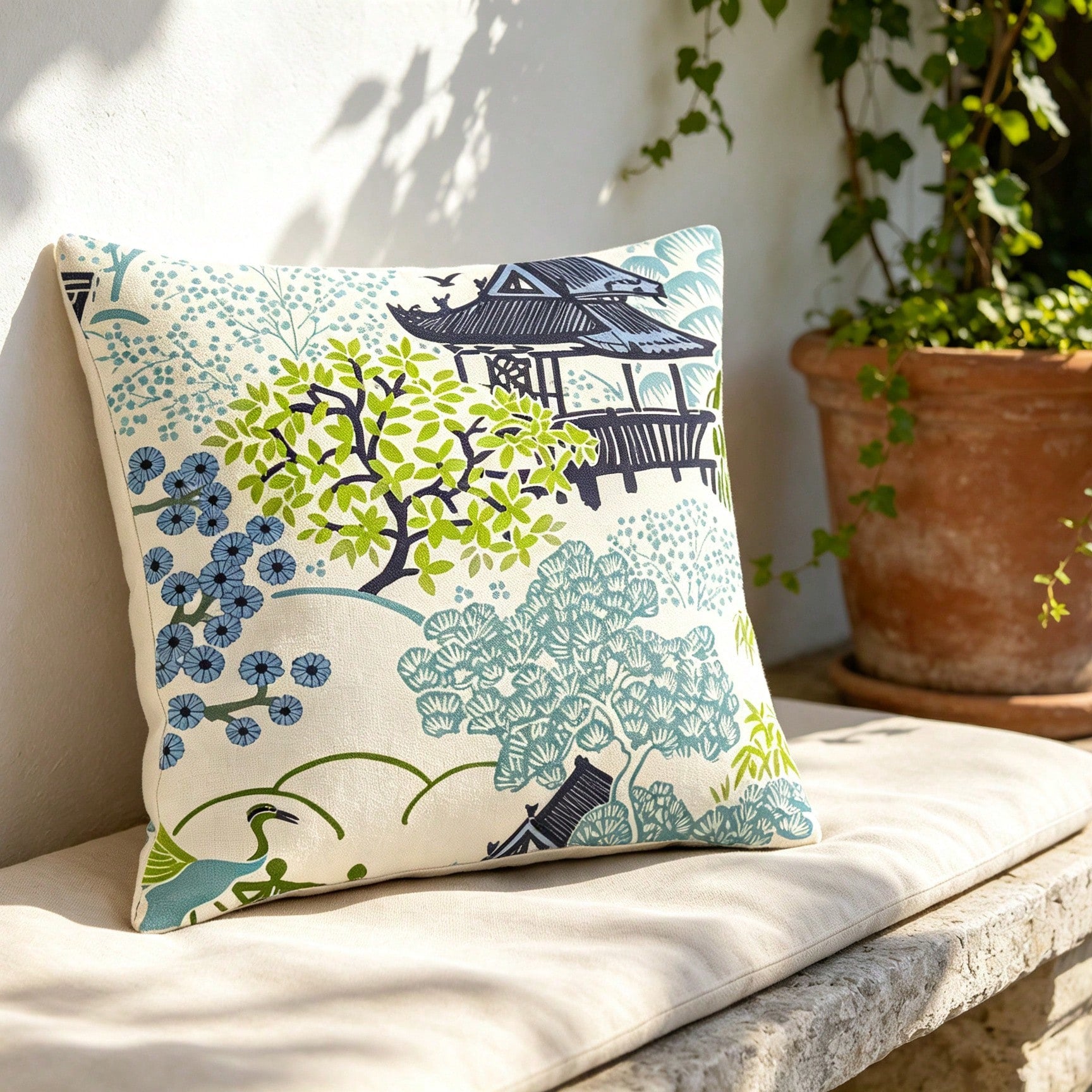 Tea House Designer Throw Pillow Cover| Chinoiserie Style Accent Pillow| Asian Print Throw Pillow Cover