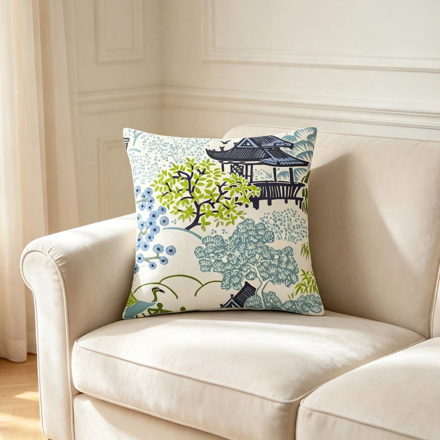 Tea House Designer Throw Pillow Cover| Chinoiserie Style Accent Pillow| Asian Print Throw Pillow Cover
