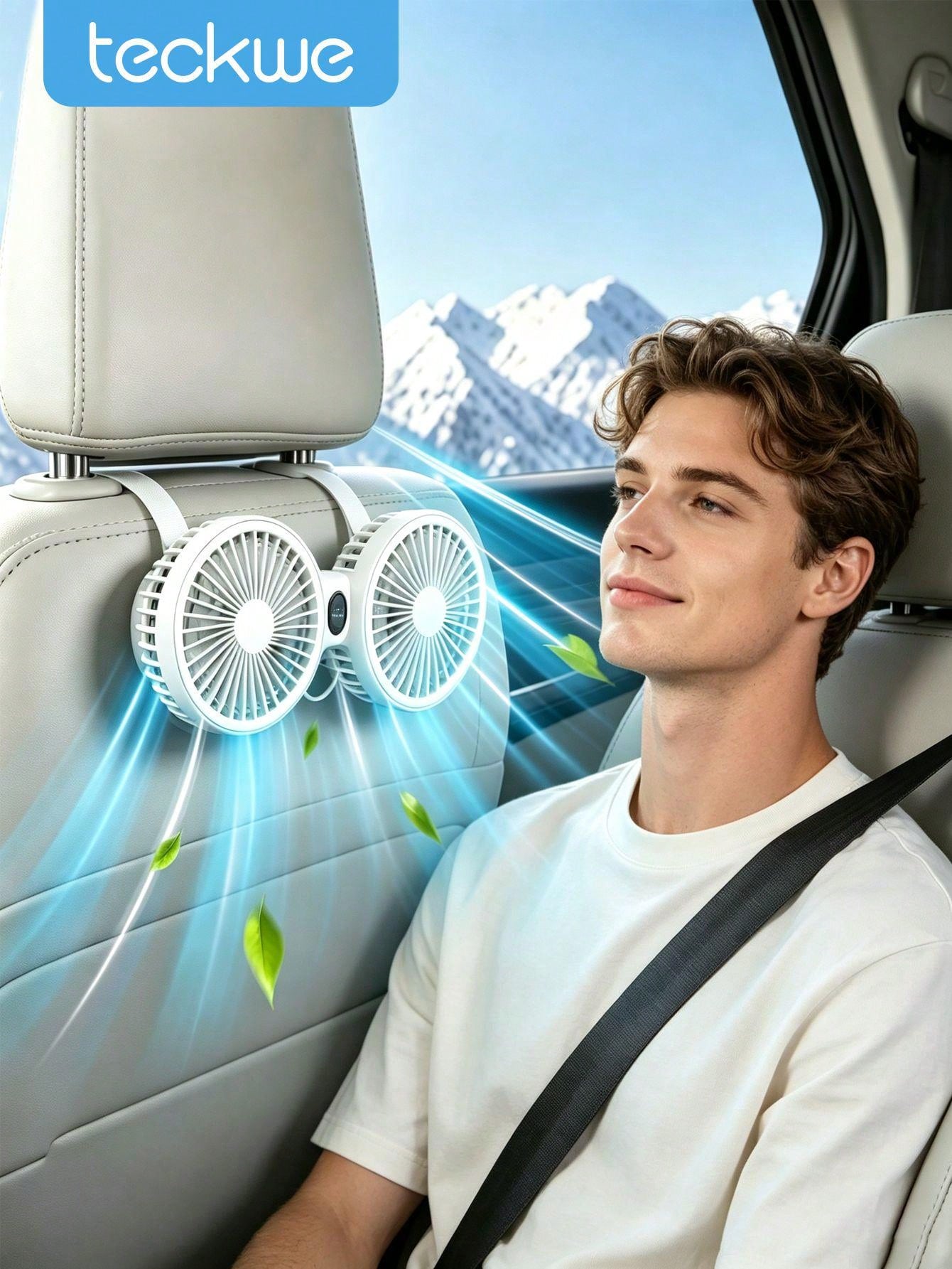 Teckwe 1 Piece Universal Specification ABS Plastic Material Dual-Head USB Powered 360-Degree Multi-Angle Adjustable High Wind Force Headrest Bracket Fan Rear Seat Air Circulation Cooler For SUV, Sedan