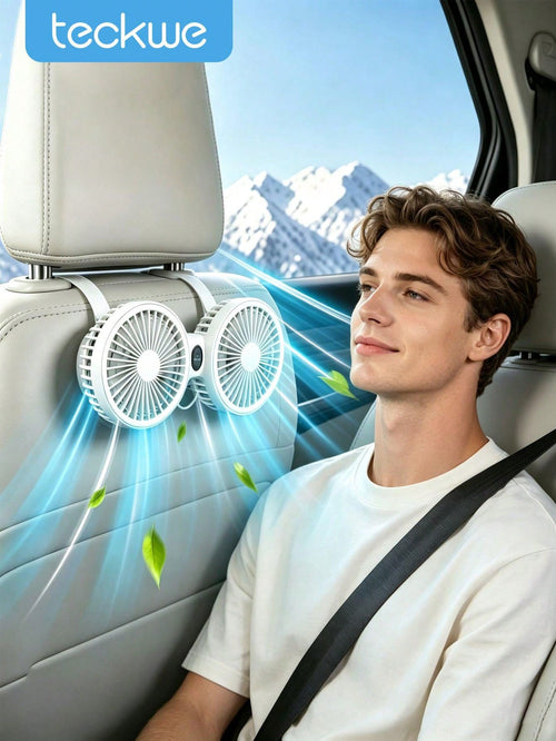 Teckwe 1 Piece Universal Specification ABS Plastic Material Dual-Head USB Powered 360-Degree Multi-Angle Adjustable High Wind Force Headrest Bracket Fan Rear Seat Air Circulation Cooler For SUV, Sedan