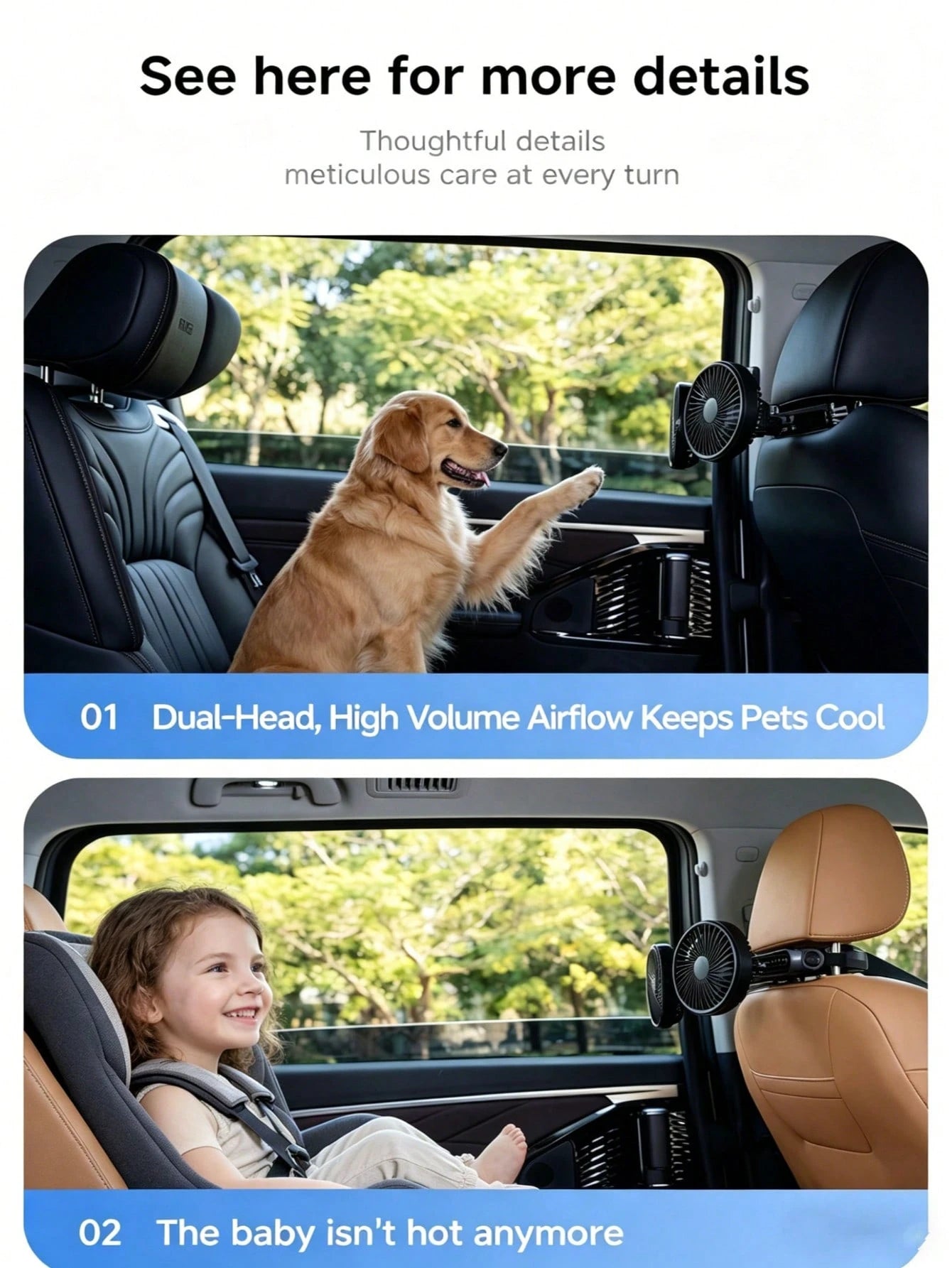 Teckwe 1 Piece Universal Specification ABS Plastic Material Dual-Head USB Powered 360-Degree Multi-Angle Adjustable High Wind Force Headrest Bracket Fan Rear Seat Air Circulation Cooler For SUV, Sedan