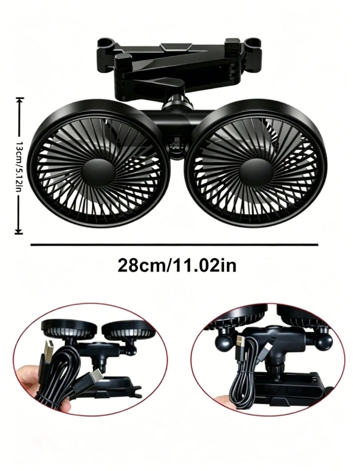 Teckwe 1 Piece Universal Specification ABS Plastic Material Dual-Head USB Powered 360-Degree Multi-Angle Adjustable High Wind Force Headrest Bracket Fan Rear Seat Air Circulation Cooler For SUV, Sedan