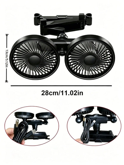 Teckwe 1 Piece Universal Specification ABS Plastic Material Dual-Head USB Powered 360-Degree Multi-Angle Adjustable High Wind Force Headrest Bracket Fan Rear Seat Air Circulation Cooler For SUV, Sedan