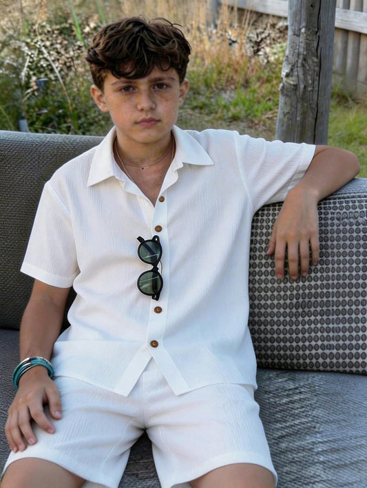 Teen Boy 2pcs Textured Short Sleeve Shirt And Shorts Set,Casual White Outfits For Summer,Beach,Vacation,Holiday,Daily Wear,School,Parties,Festivals