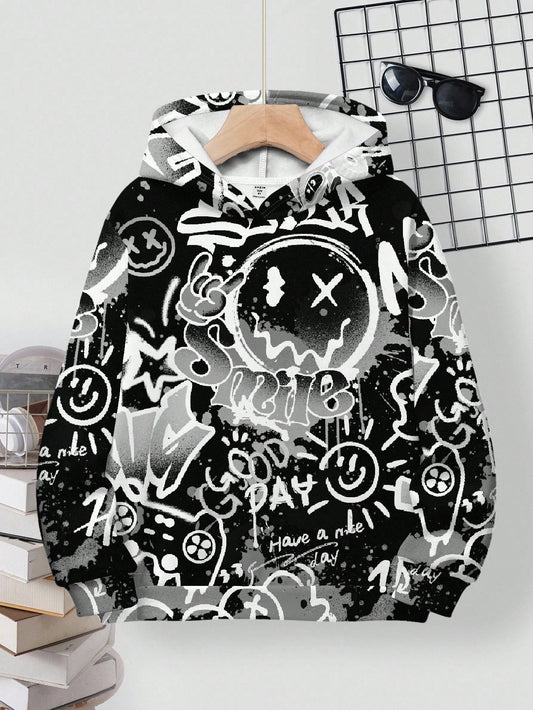 Teen Boy Casual Minimalist Cartoon Pattern Drop Shoulder Sweatshirt, Suitable For Autumn/Winter Teen Boy Graphic Sweatshirts Black And White Graffiti Fall