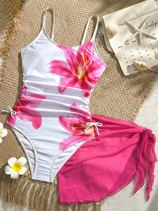 Teen Girls White Floral Print Ruched Waist One-Piece Swimwear With Skirt, Casual Beach Vacation Swimwear Set, Spring/Summer