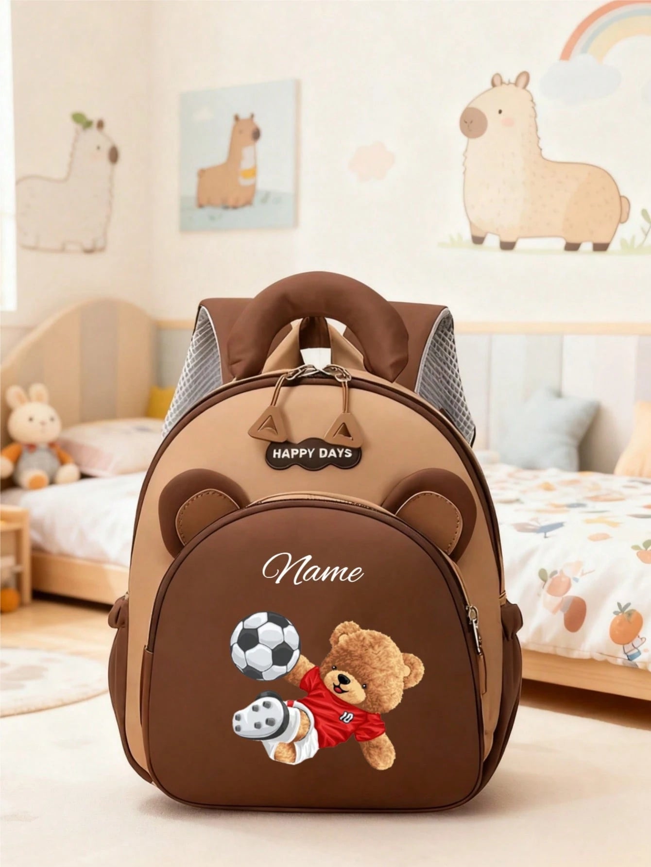This Cute Cartoon Bear Kicking A Football Mini Customizable Backpack Features A Zipper Design, Can Be Hand-Held Or Adjustable Shoulder Strap Carried, Made Of Nylon Material. Suitable For Daily Use, Ou
