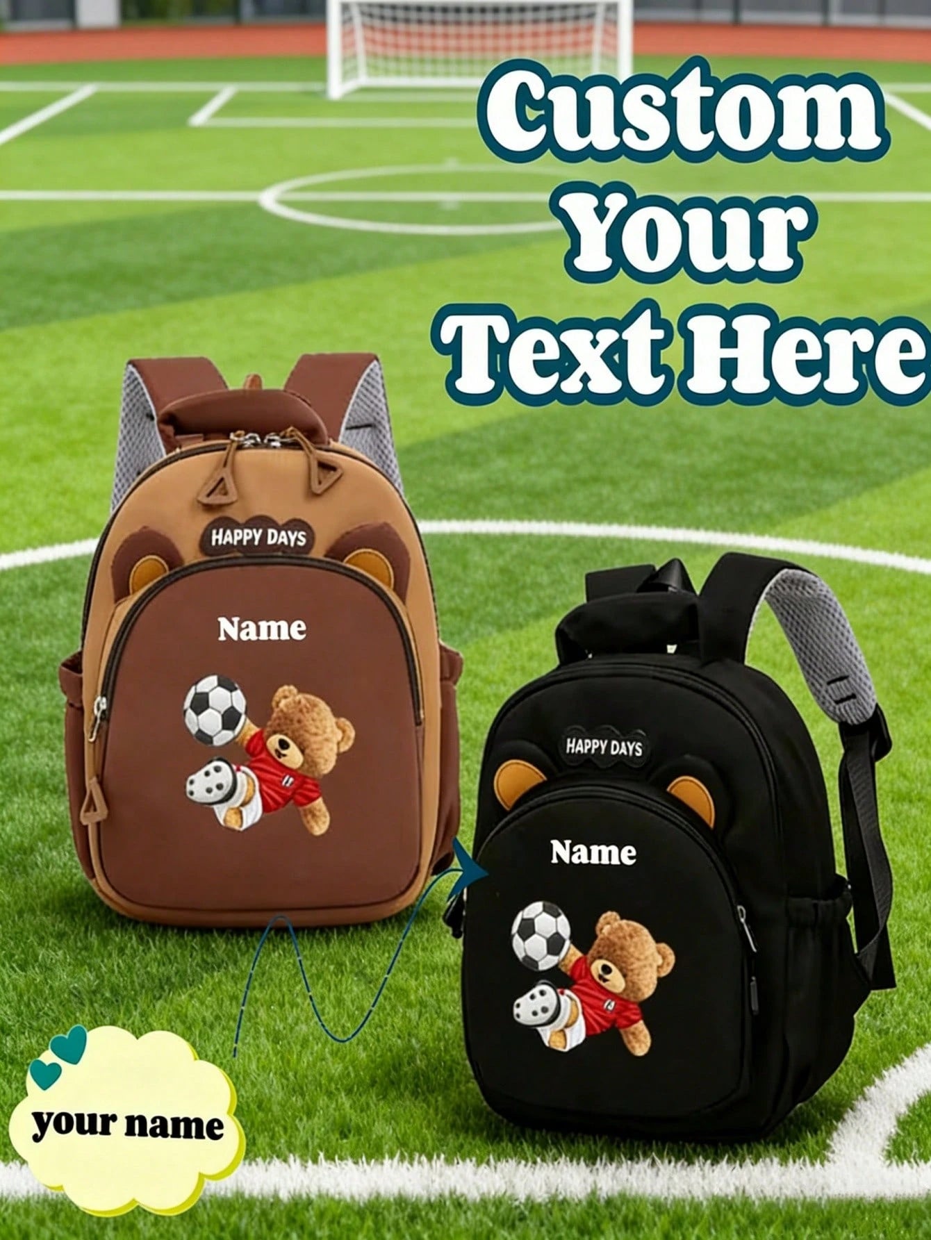 This Cute Cartoon Bear Kicking A Football Mini Customizable Backpack Features A Zipper Design, Can Be Hand-Held Or Adjustable Shoulder Strap Carried, Made Of Nylon Material. Suitable For Daily Use, Ou
