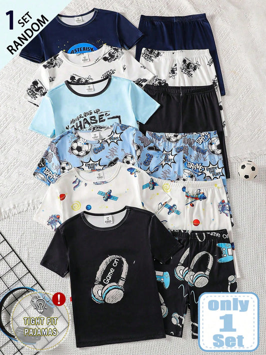 Tight Fit Pajama Set [6 Sets Randomly Send 1 Set] Boys Big Kids Short Sleeve Shorts Tight Fit New Arrival Popular Elements Baseball Cap Spaceship Starry Sky Football English Letter Headphones Game Con