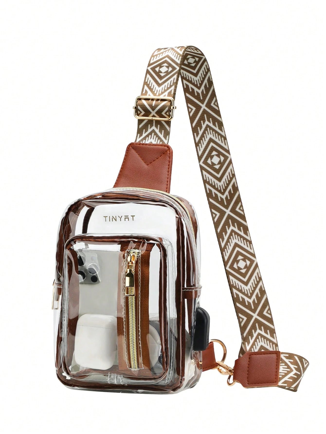 TINYAT Mini Pu Crossbody Bag Women's Clear Chest Bag USB Large-Capacity PVC Belt Bag Lightweight Vintage,Transparent Beach Bag,Slanting StyleWestern Bag