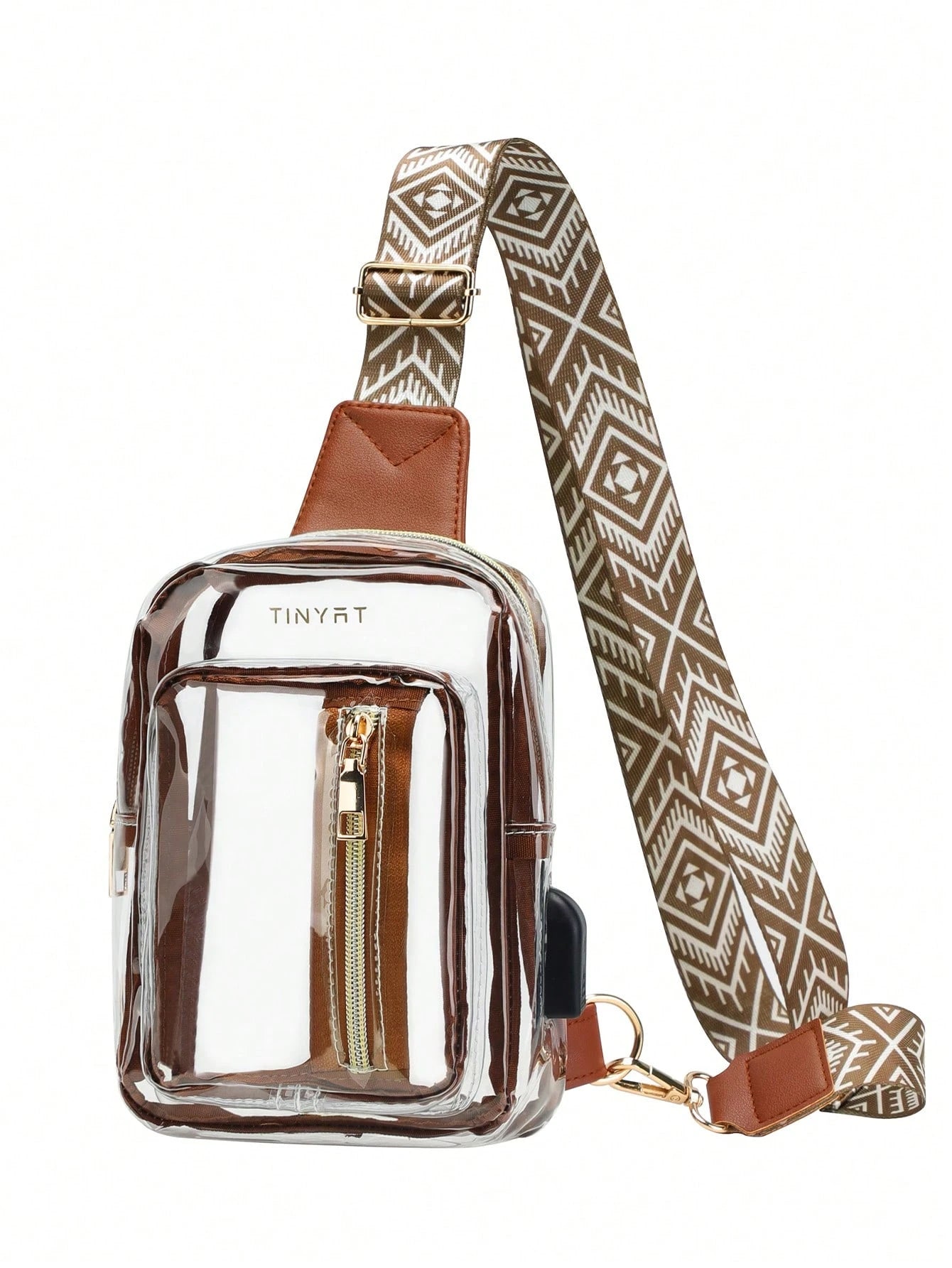 TINYAT Mini Pu Crossbody Bag Women's Clear Chest Bag USB Large-Capacity PVC Belt Bag Lightweight Vintage,Transparent Beach Bag,Slanting StyleWestern Bag