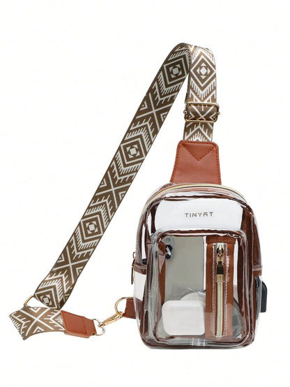 TINYAT Mini Pu Crossbody Bag Women's Clear Chest Bag USB Large-Capacity PVC Belt Bag Lightweight Vintage,Transparent Beach Bag,Slanting StyleWestern Bag