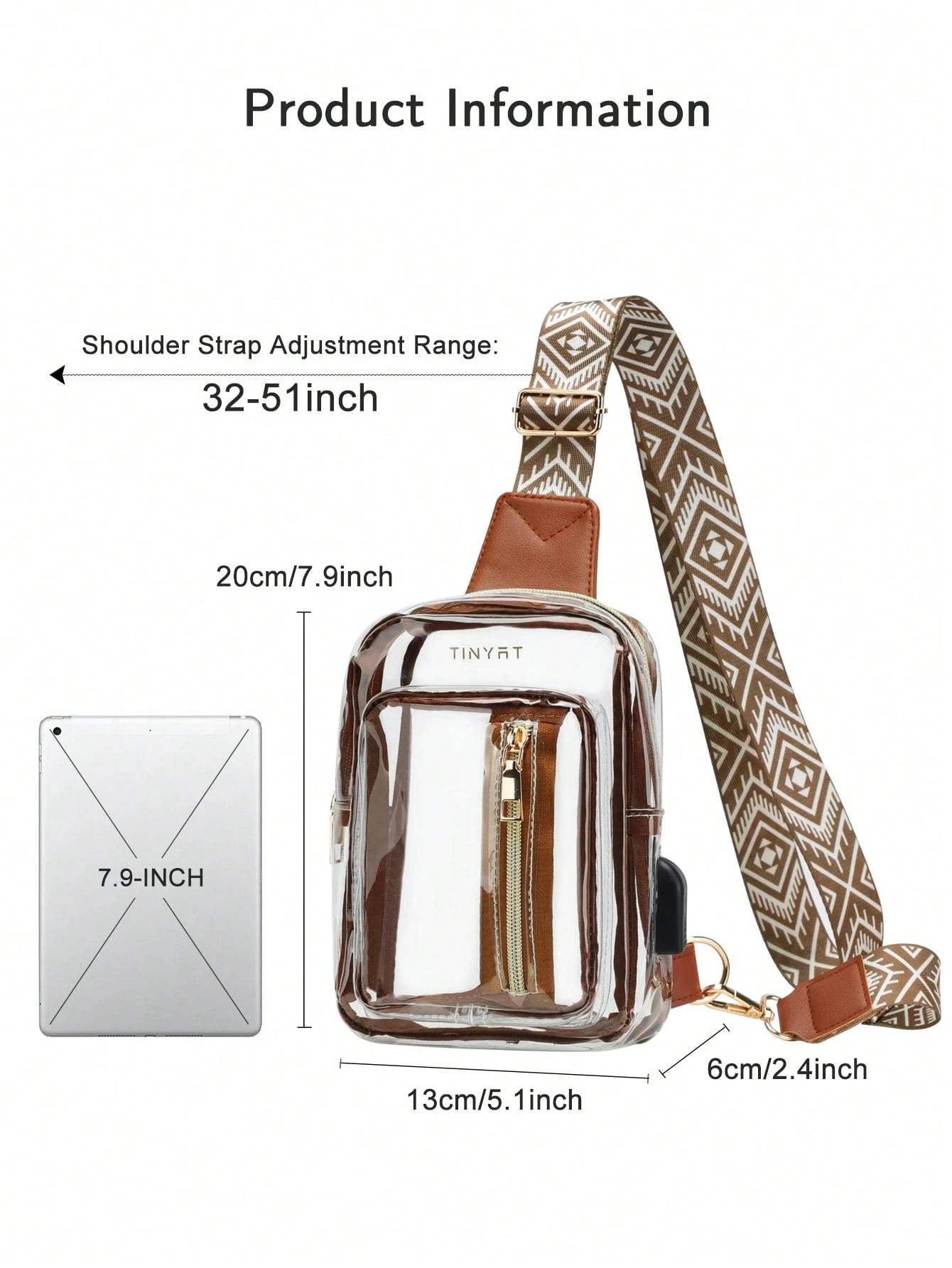 TINYAT Mini Pu Crossbody Bag Women's Clear Chest Bag USB Large-Capacity PVC Belt Bag Lightweight Vintage,Transparent Beach Bag,Slanting StyleWestern Bag