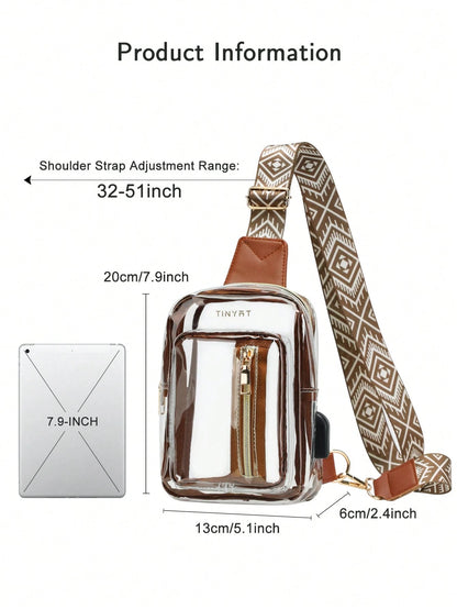 TINYAT Mini Pu Crossbody Bag Women's Clear Chest Bag USB Large-Capacity PVC Belt Bag Lightweight Vintage,Transparent Beach Bag,Slanting StyleWestern Bag