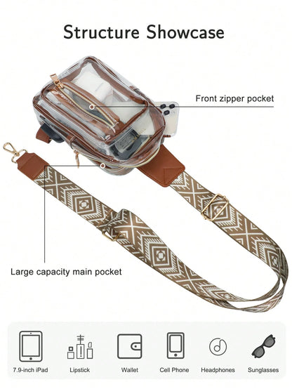TINYAT Mini Pu Crossbody Bag Women's Clear Chest Bag USB Large-Capacity PVC Belt Bag Lightweight Vintage,Transparent Beach Bag,Slanting StyleWestern Bag