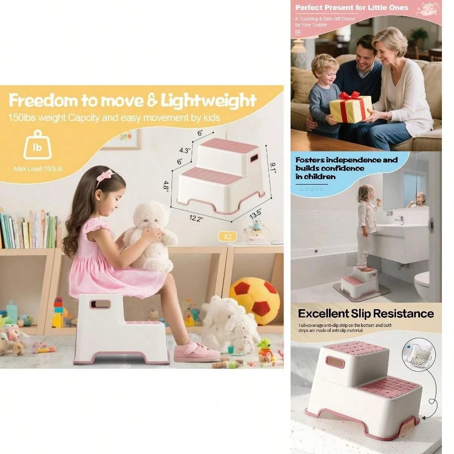Toddler Step Stool Bathroom Sink, 2 Pack Step Stool Plastic Potty Training Toilet Stepping Stools, Child And LightweightNo-Slip Two Step Stools Kitchen- Pink