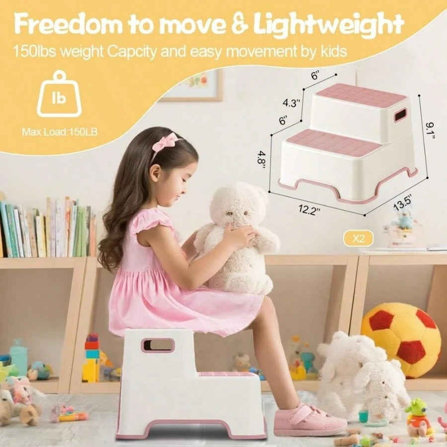 Toddler Step Stool Bathroom Sink, 2 Pack Step Stool Plastic Potty Training Toilet Stepping Stools, Child And LightweightNo-Slip Two Step Stools Kitchen- Pink
