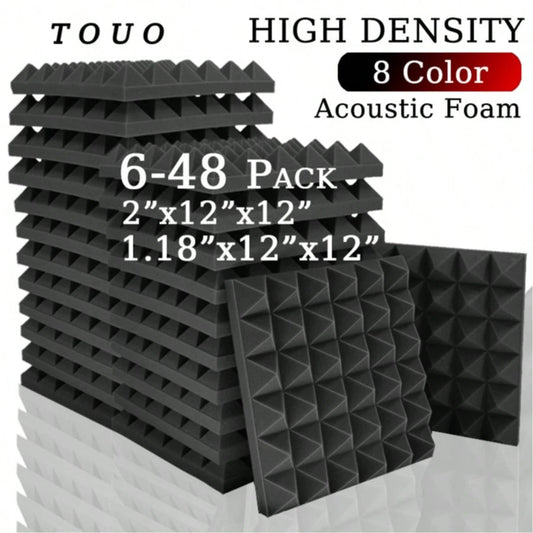 TOUO Pyramid Acoustic Foam Panels 6–48 Pcs, 8 Colors, High-Density Soundproof Foam 12"X12"X2"/12"X12"X1.18", Sound Insulation & Acoustic Treatment For Walls, Studios, Drum Rooms, Offices