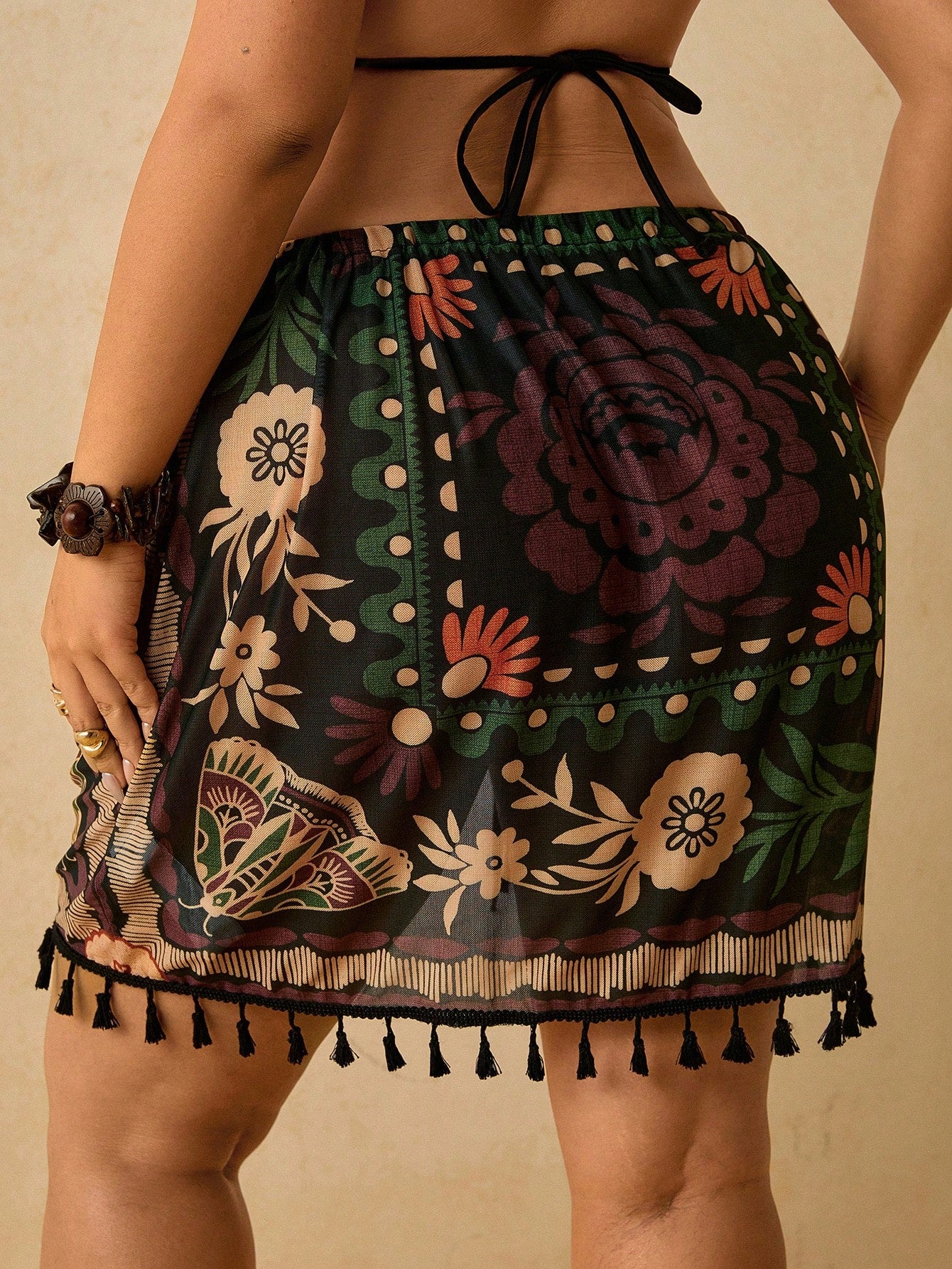 Travachic Plus Size Women's Summer Short Cover-Up Skirt, Tropical Beach Vacation Vacation Casual Style, Ruched Tassel Colorful Paisley Pattern