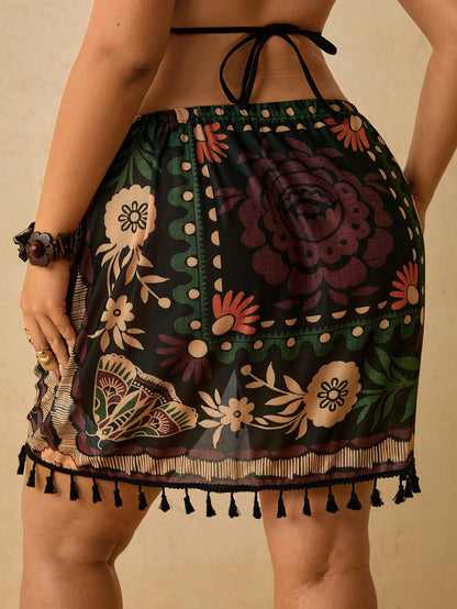 Travachic Plus Size Women's Summer Short Cover-Up Skirt, Tropical Beach Vacation Vacation Casual Style, Ruched Tassel Colorful Paisley Pattern