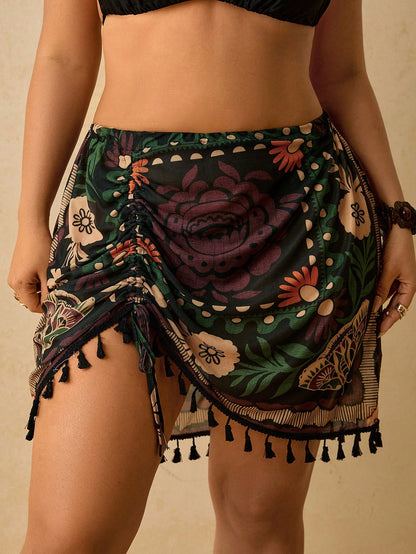 Travachic Plus Size Women's Summer Short Cover-Up Skirt, Tropical Beach Vacation Vacation Casual Style, Ruched Tassel Colorful Paisley Pattern