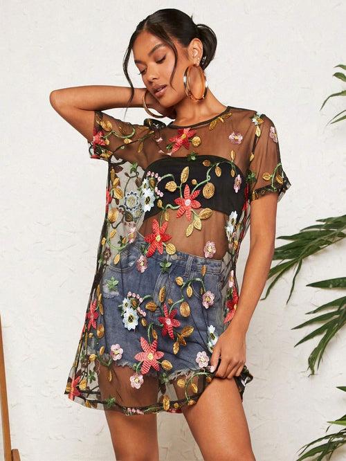 Travachic Summer Black Floral Embroidery Fashion Dress,Boho Elegant Dresses For Women,Party Night Beach Vacation Outfits,Music Festival Concert Outfit