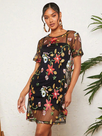 Travachic Summer Black Floral Embroidery Fashion Dress,Boho Elegant Dresses For Women,Party Night Beach Vacation Outfits,Music Festival Concert Outfit