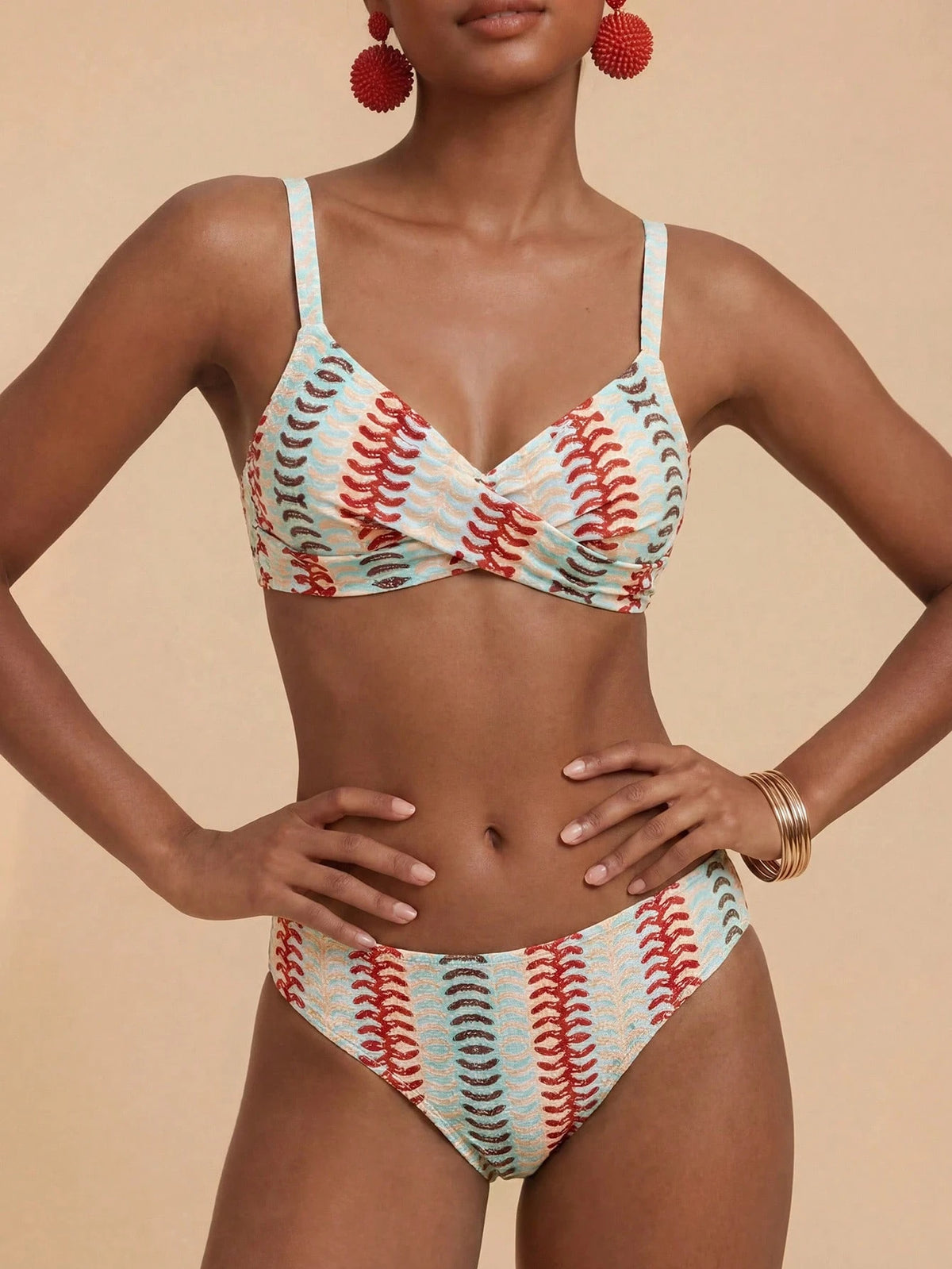 Travachic Women's Summer Beach Colorblock Ruched Sexy Bikini & Triangle Bottom Two-Piece Swimsuit Set