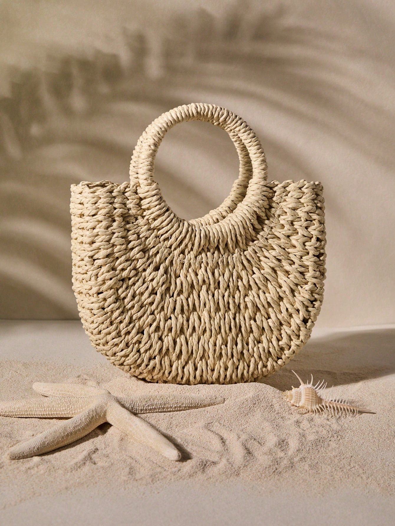 Tropiscape Handmade Solid Color Round Handle Woven With Drawstring Closure, Suitable For Summer, Women Mini Casual Shoulder Bag, Ideal Gift, Crochet Bags