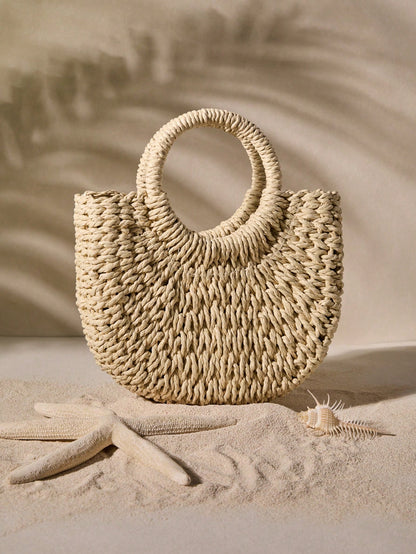 Tropiscape Handmade Solid Color Round Handle Woven With Drawstring Closure, Suitable For Summer, Women Mini Casual Shoulder Bag, Ideal Gift, Crochet Bags